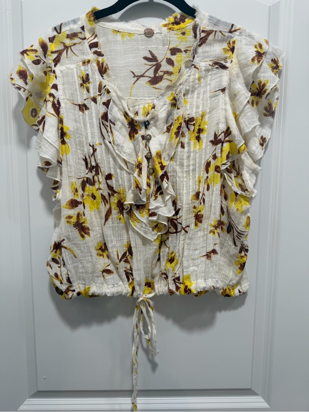Free People Cream Floral Ruffle Tie-Hem Blouse